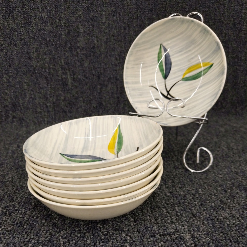 vtg 1950s Stetson Small Bowls Set of 8‎ Gray Hand Painted Leaf 5.5" MCM 1954